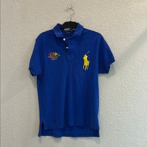 Blue Polo Shirt with Yellow Logo